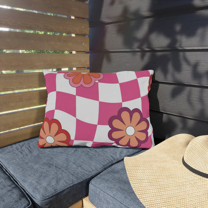 Durable spun polyester pillow with vibrant retro floral design for outdoor seating
