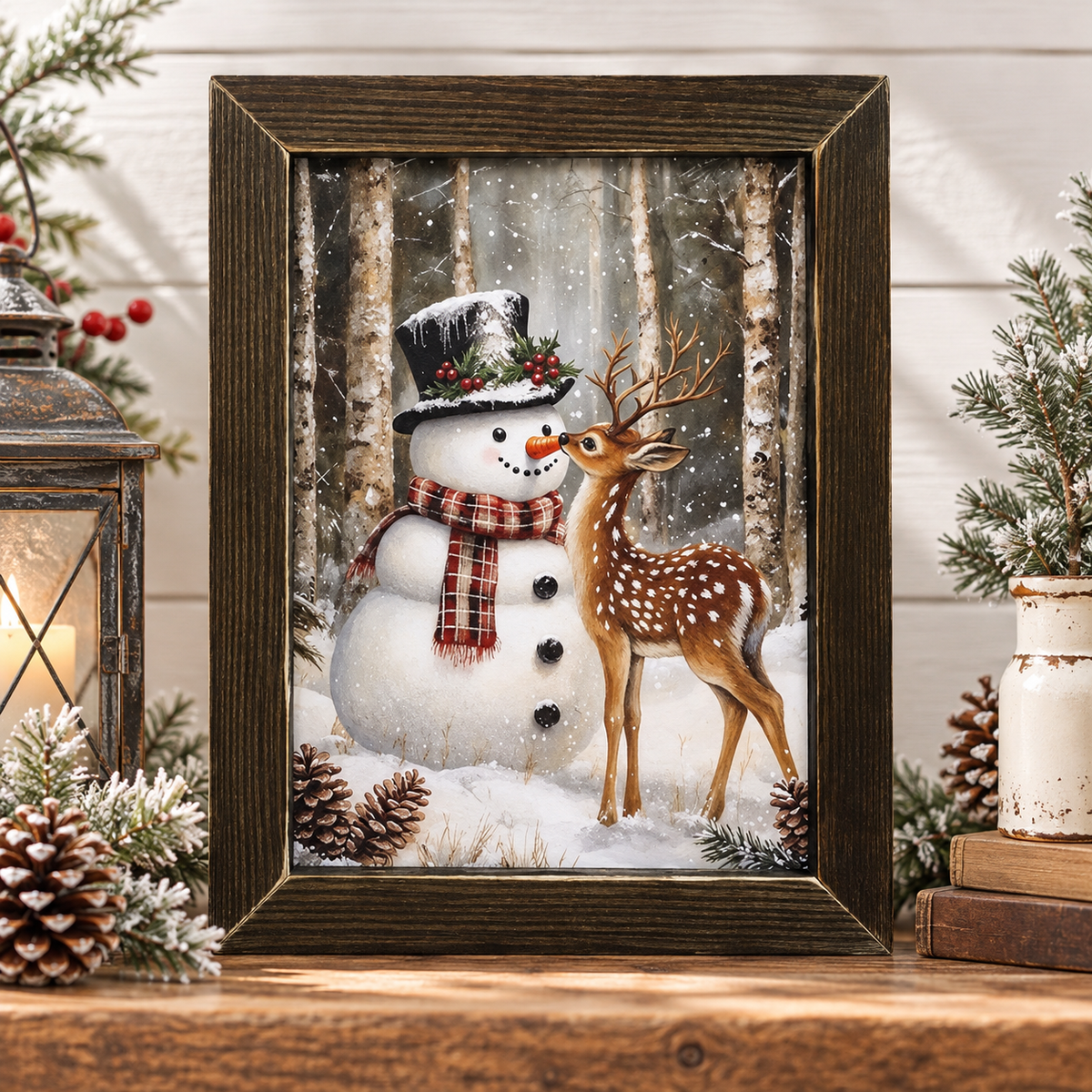 A framed winter forest art print featuring a snowman in a top hat and scarf next to a deer, displayed on a wooden surface with holiday decor including a lantern, pinecones, and evergreen branches.