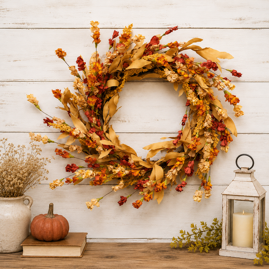 An autumn-themed artificial floral wreath in warm shades of orange, yellow, and red, hanging on a white wood plank wall above a rustic wooden surface styled with a small pumpkin, books, a ceramic vase with dried grass, and a white lantern.