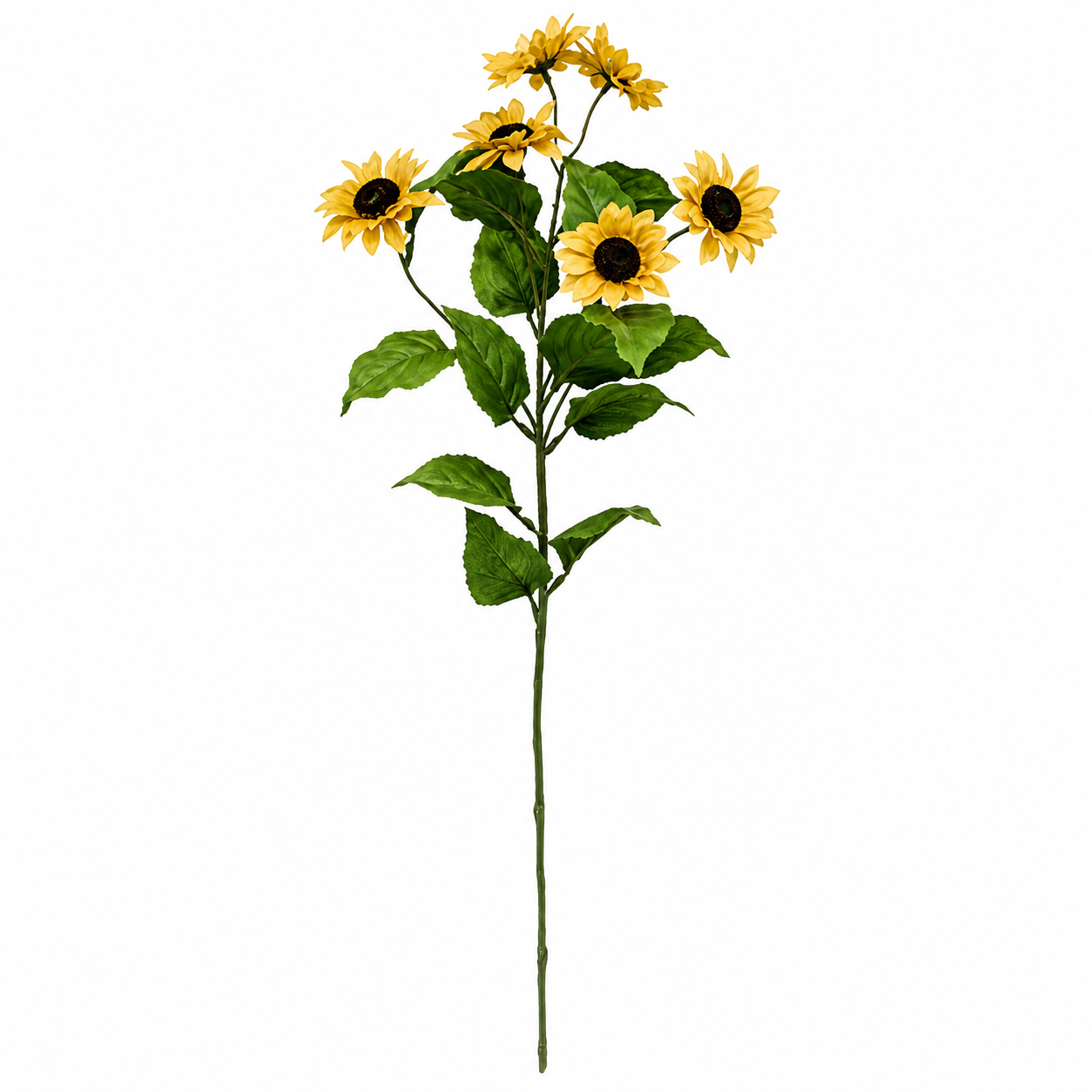 An artificial sunflower stem with multiple yellow blooms, dark brown centers, and green leaves on a plain white background.