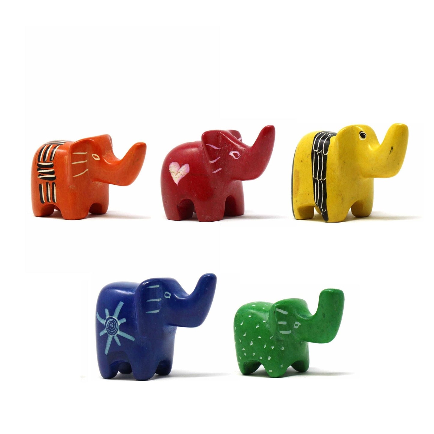 Hand-carved soapstone elephant figurines in assorted colors, crafted by Kenyan artisans using traditional techniques.