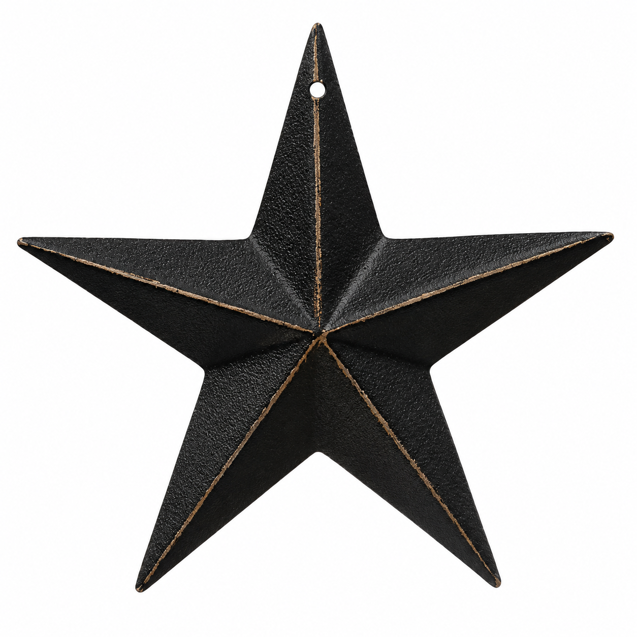 A rustic black metal five-point star ornament with a hanging hole at the top and a distressed tan edge finish, shown against a plain white background.