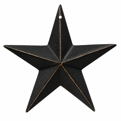 A rustic black metal five-point star ornament with a hanging hole at the top and a distressed tan edge finish, shown against a plain white background.