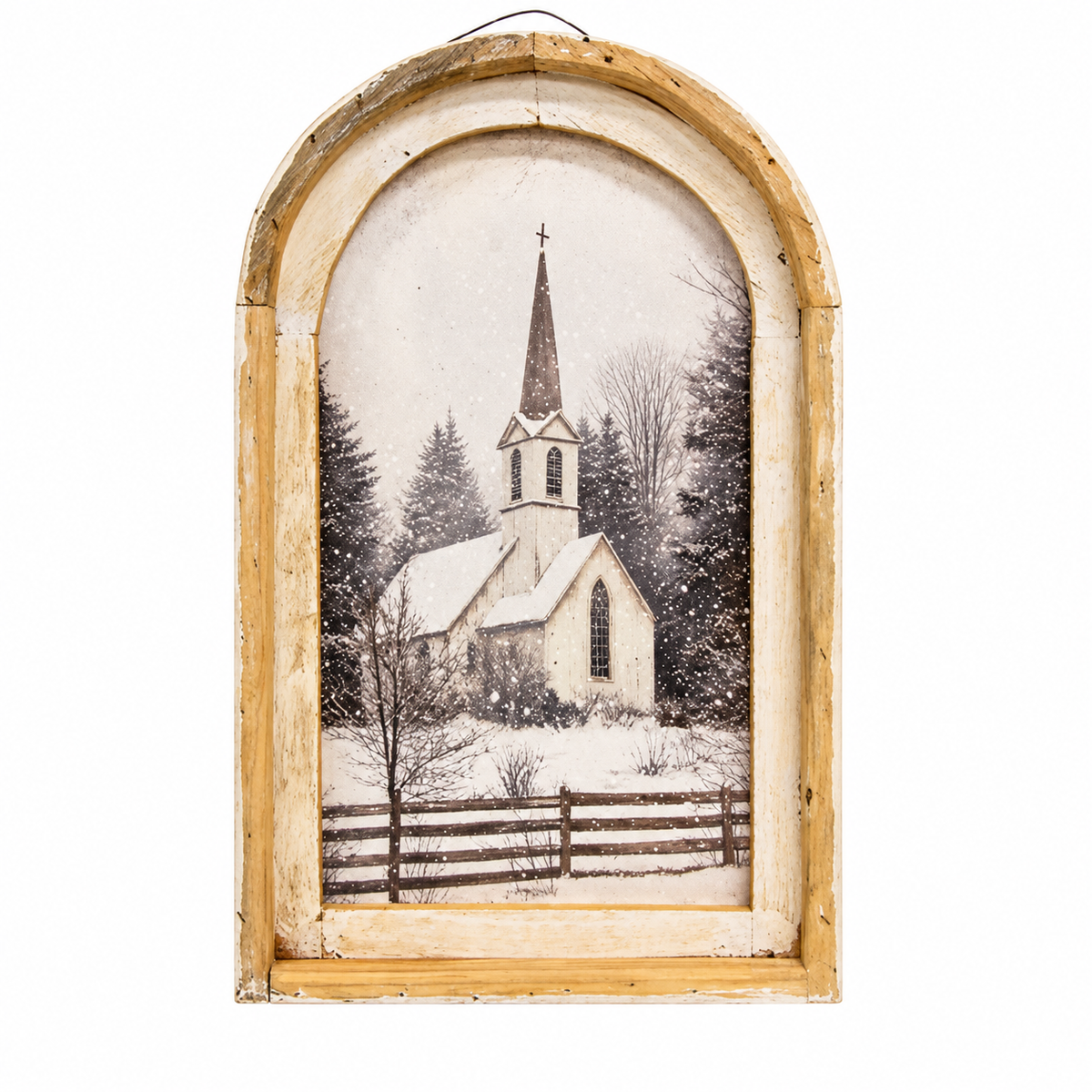 An arched rustic wooden wall hanging featuring a vintage-style black and white photograph of a snowy church scene, set in a weathered light wood frame against a white background.