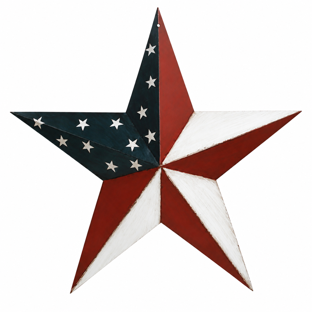 Large patriotic metal barn star featuring a vintage American flag design for country farmhouse and Americana home decor