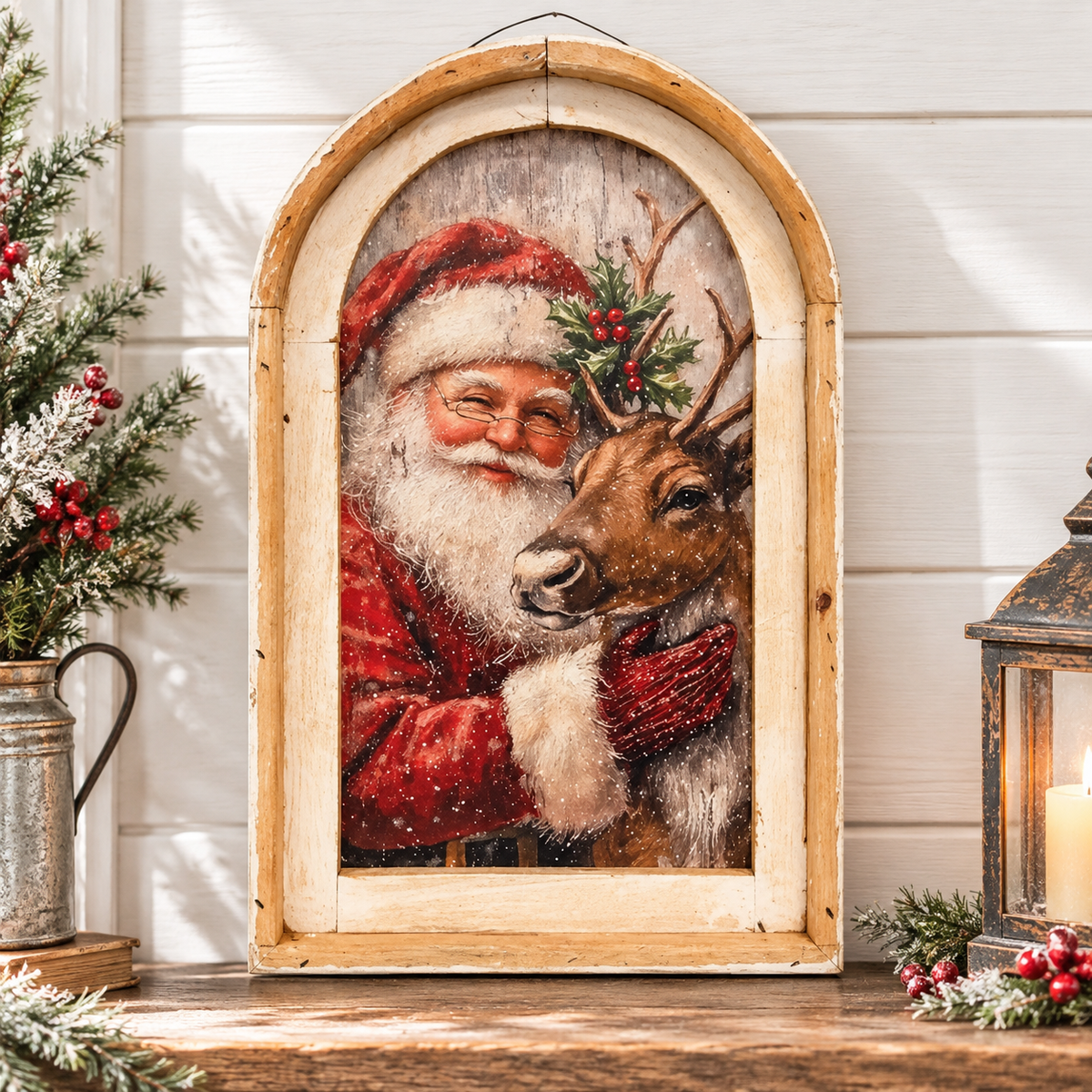 Arched wooden wall art featuring a vintage-style illustration of Santa Claus hugging a reindeer, displayed on a rustic wooden surface against a white shiplap wall with holiday decor.
