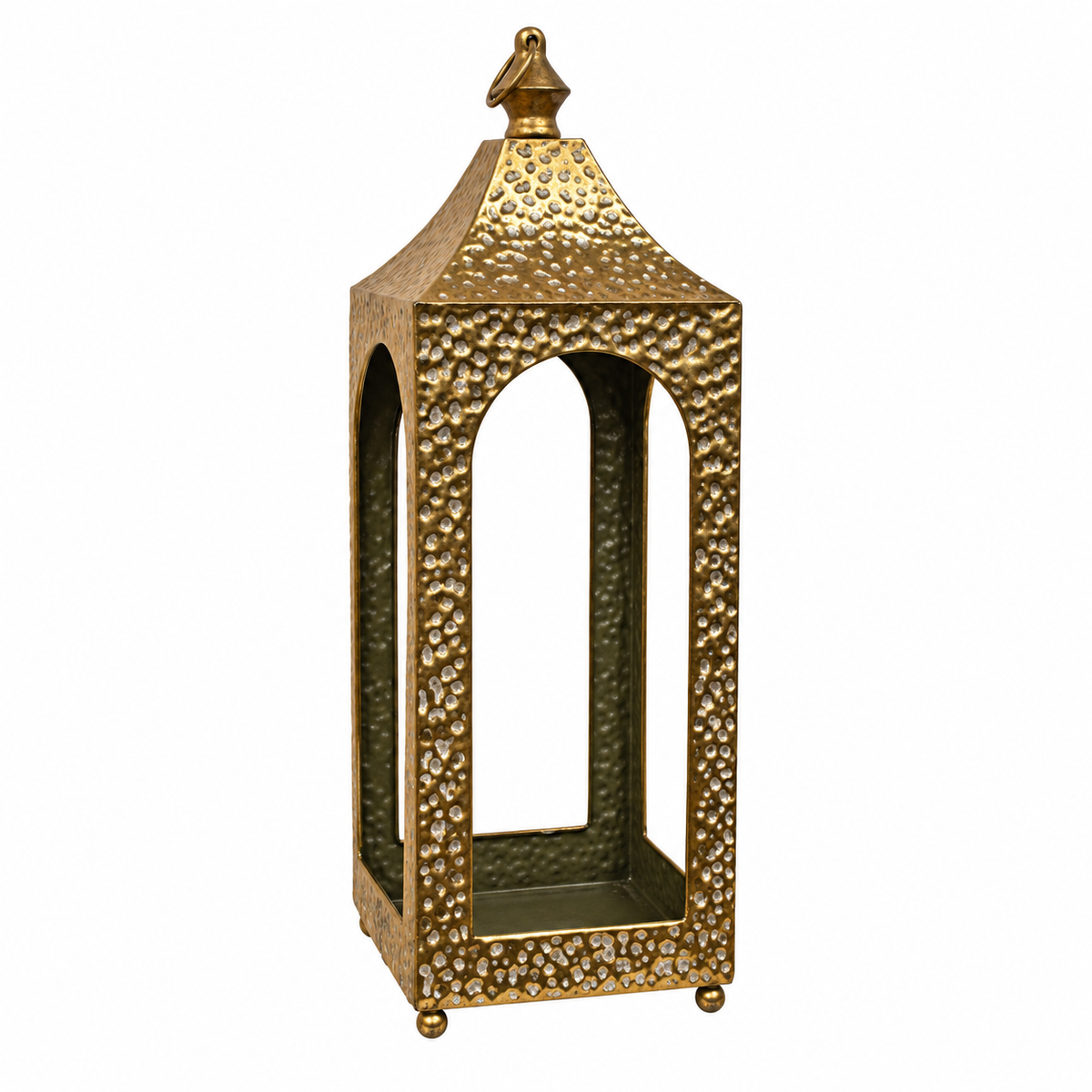 A decorative brass lantern with a textured, hammered finish and arched cutout windows, shown on a plain white background.
