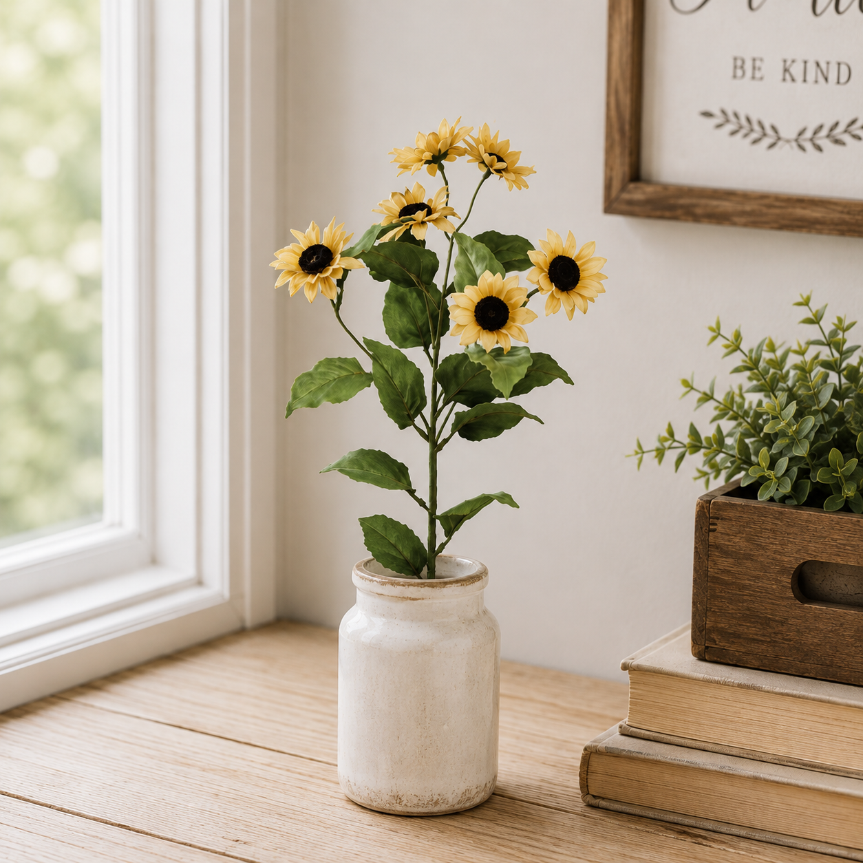 A faux sunflower stem with yellow petals and dark centers in a small white ceramic vase, placed on a wooden table beside books and a potted plant in a bright indoor setting.