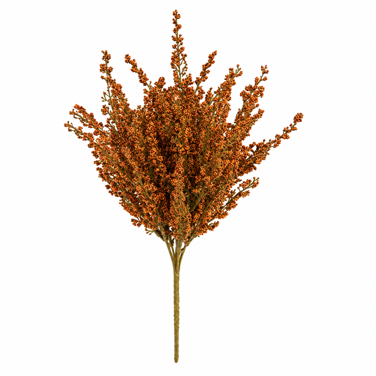 An artificial autumn bush stem with dense clusters of small orange-brown berries and brown branches, isolated on a white background.