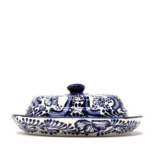 Handmade Pottery Butter Dish – Blue Floral Mexican Ceramic