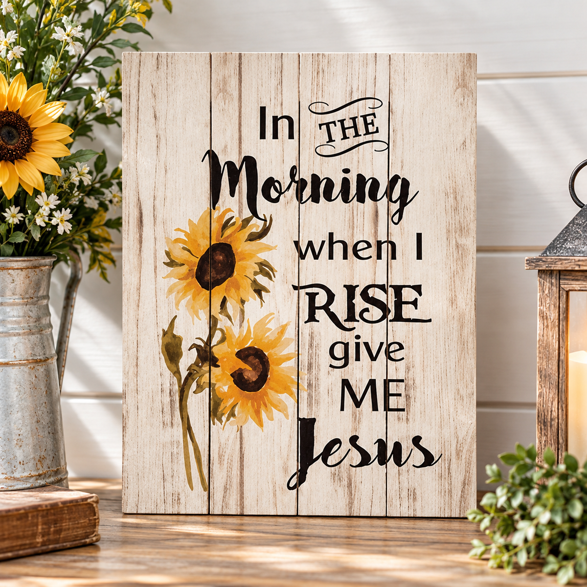 A rustic wooden sign with the quote 'In the Morning when I RISE give ME Jesus' in black script, decorated with two yellow sunflowers, displayed on a wooden surface next to a galvanized bucket vase of sunflowers.