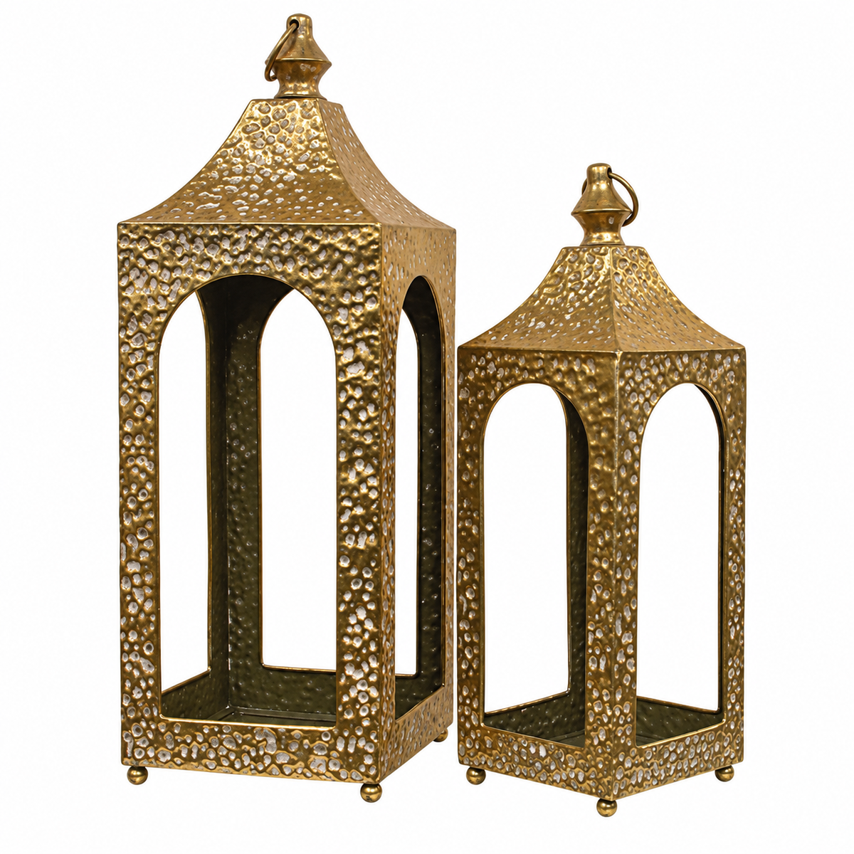 Two decorative brass lanterns with a textured, hammered finish, one tall and one short, displayed against a solid white background.