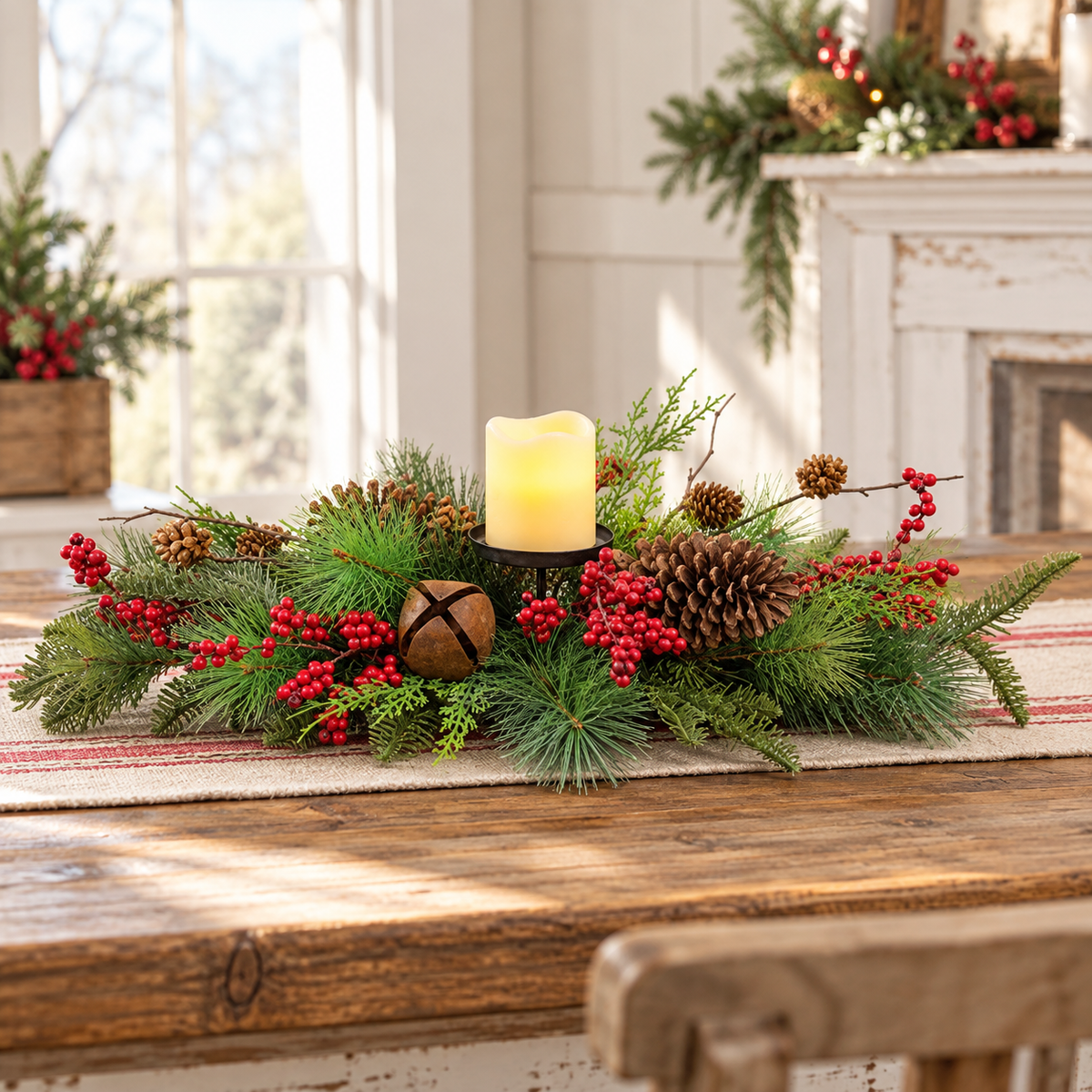 A festive holiday centerpiece on a rustic wooden table, featuring green pine and fir branches, red berries, pinecones, a small wooden bell, and a lit cream-colored pillar candle. The background shows a softly blurred cozy room with a fireplace and additional holiday decorations.