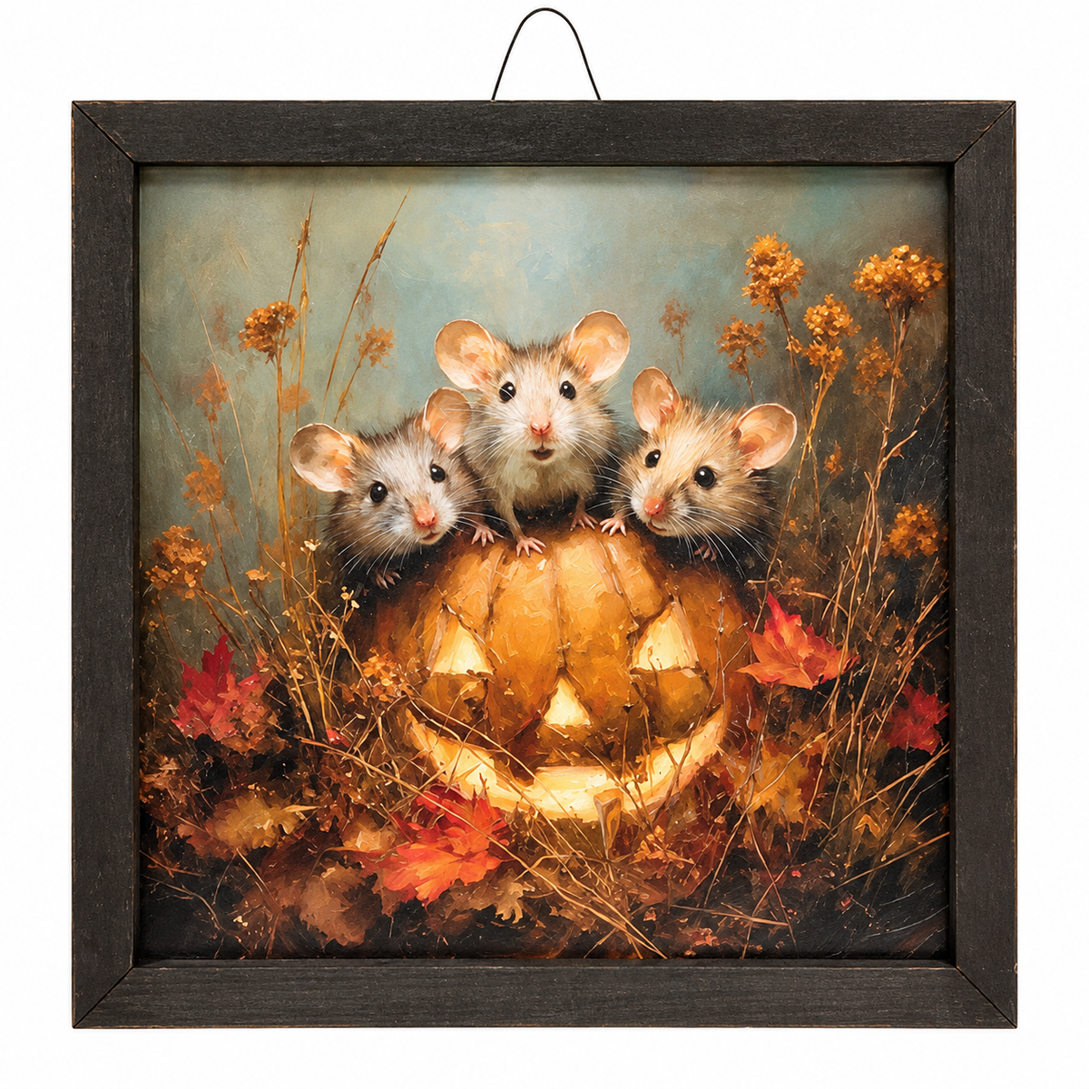Framed wall art featuring three small mice sitting on a carved jack-o'-lantern surrounded by autumn leaves and dried flowers, shown in a dark wood frame against a white background.