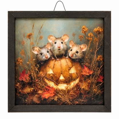 Framed wall art featuring three small mice sitting on a carved jack-o'-lantern surrounded by autumn leaves and dried flowers, shown in a dark wood frame against a white background.