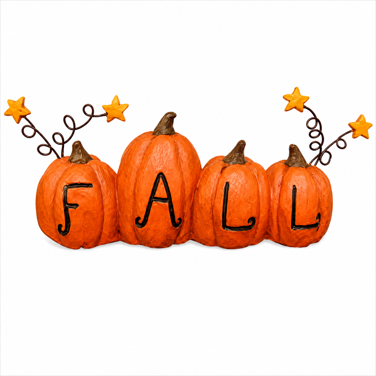 Small decorative resin fall pumpkin with wire star accents for country and primitive harvest displays.
