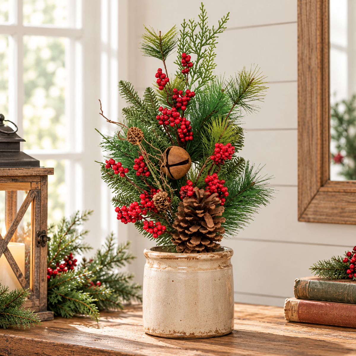 A rustic holiday greenery arrangement in a distressed cream ceramic pot, featuring pine branches, red berries, pinecones, and a small wooden bell, styled on a wooden table in a cozy room setting.