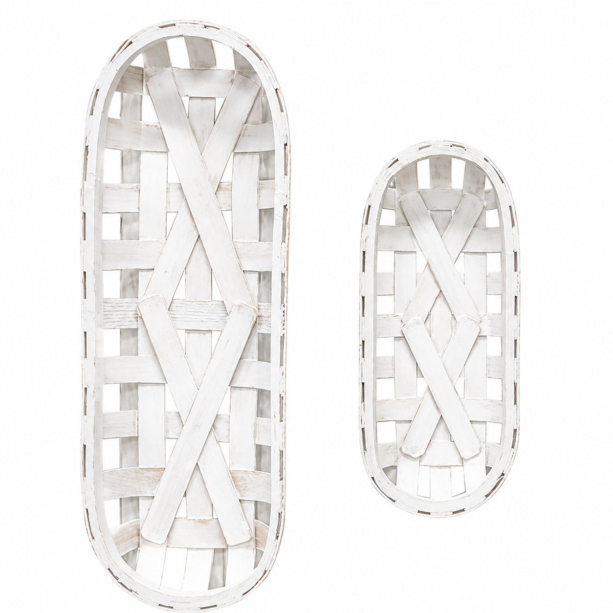 Two white woven basket-style wall baskets in oval shapes, shown on a plain white background.