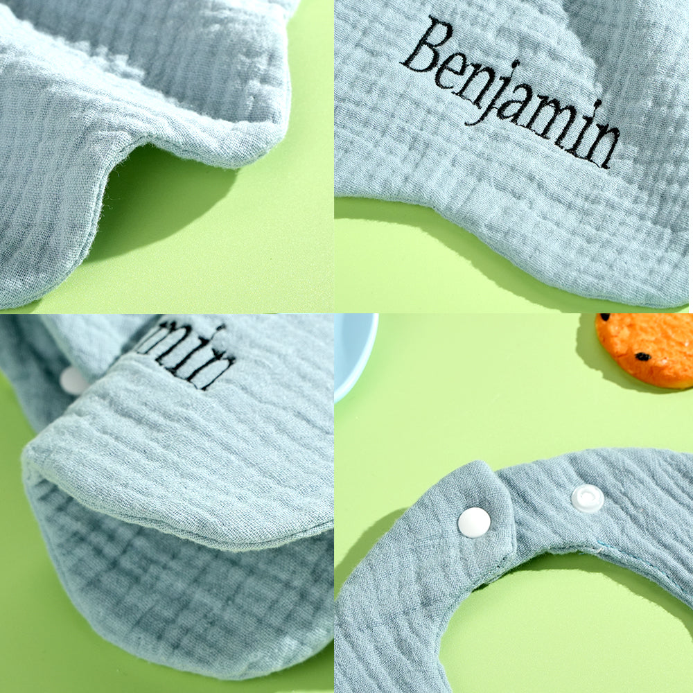 Close up view of the blue personalized baby bib with fine embroidery and high-quality cotton fabric, making it a perfect, thoughtful gift for babies.