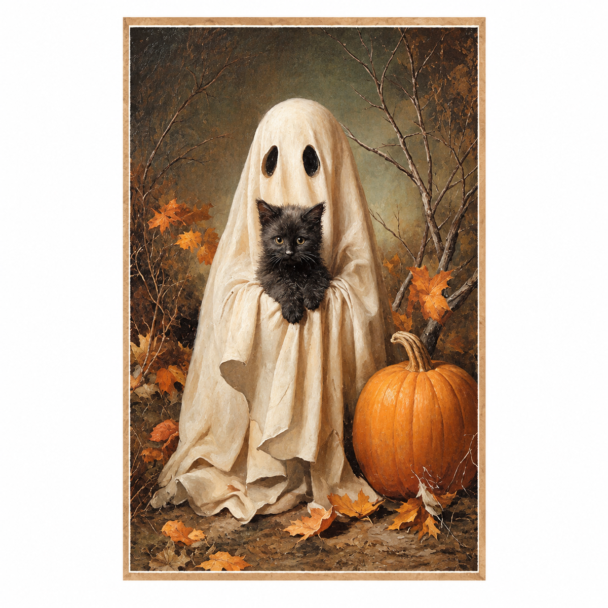 A framed art print depicting a black kitten peeking out from a white ghost costume, standing in an autumn garden next to a large orange pumpkin.