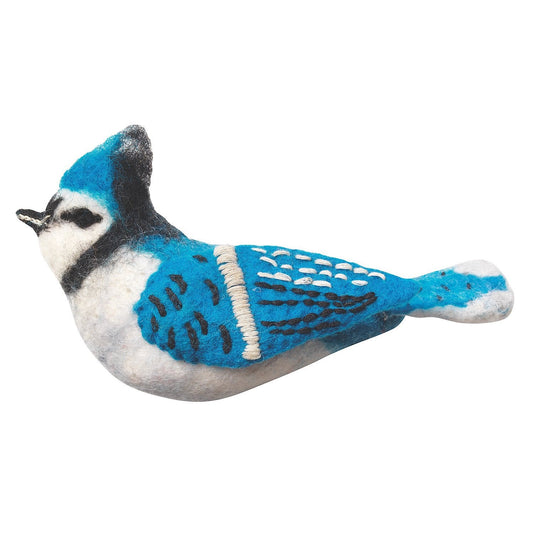 Handcrafted felt Blue Jay ornament made from 100% wool, featuring vibrant colors and a hanging loop for garden or home display.