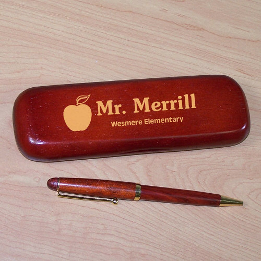 Personalized rosewood teacher pen and matching case engraved with name and school