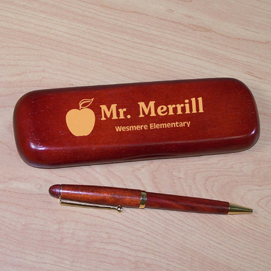 Personalized rosewood teacher pen and matching case engraved with name and school