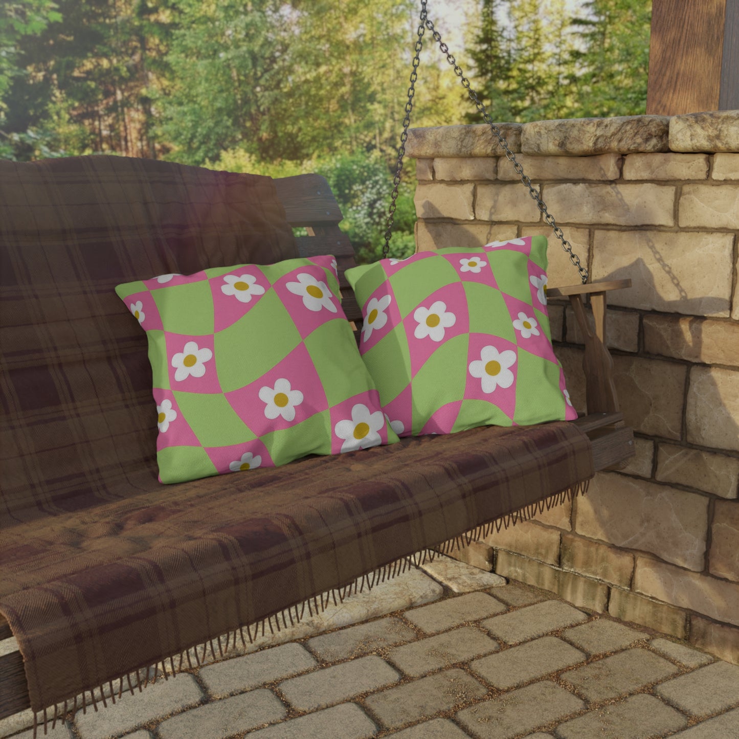 UV-resistant outdoor pillow with cheerful floral design in green and white tones