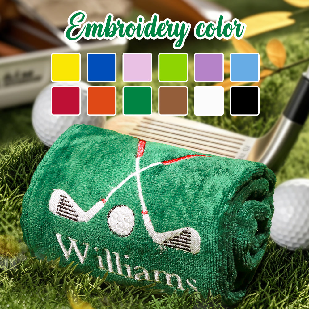 A display of various embroidery color options for personalization, showcasing different thread colors available for the golf towel's embroidered last name.