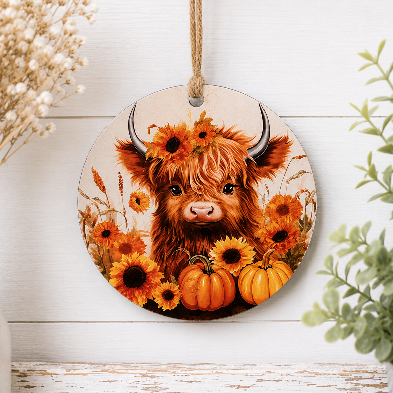 Round fall ornament featuring a baby brown Highland cow in a pumpkin patch with sunflowers, autumn grasses, and a jute rope hanger.