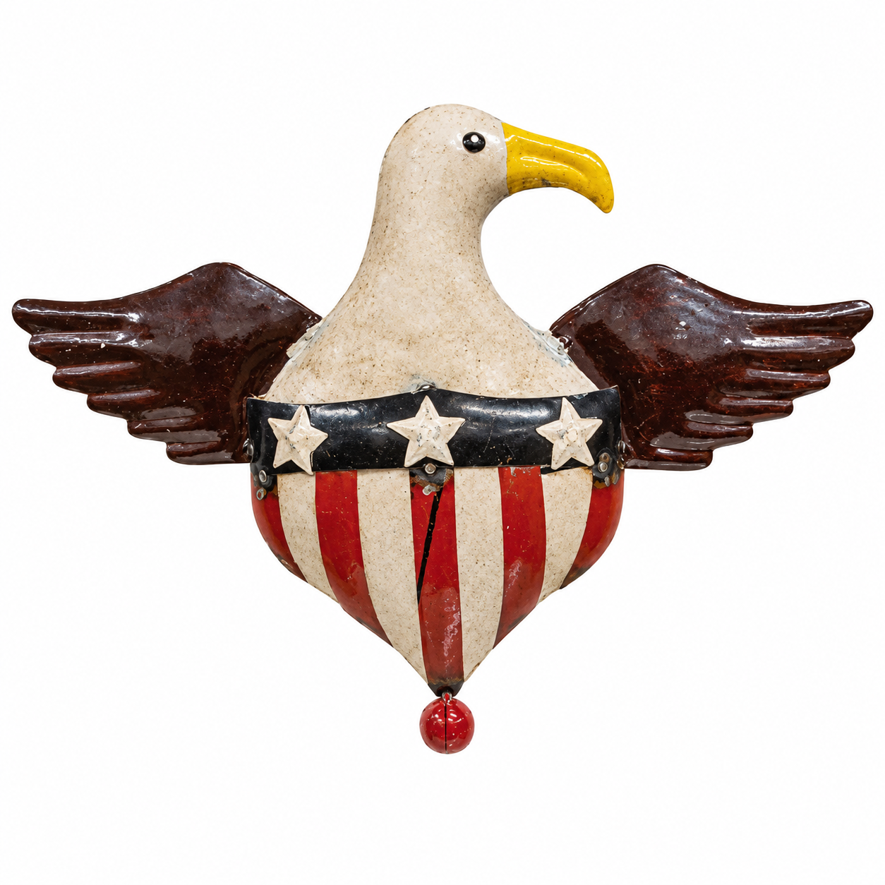 A decorative eagle-shaped wall ornament with outstretched wings, a yellow beak, a cream body, dark brown wings, and a red, white, and blue patriotic chest design with stars.