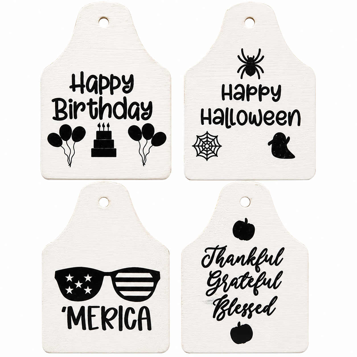 Farmhouse cow welcome sign interchangeable wooden ear tags featuring Happy Birthday, Happy Halloween, 'Merica, and Thankful Grateful Blessed designs