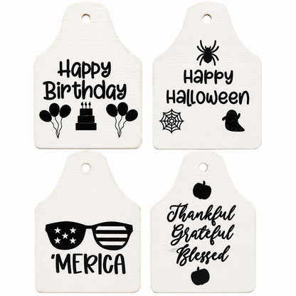 Farmhouse cow welcome sign interchangeable wooden ear tags featuring Happy Birthday, Happy Halloween, 'Merica, and Thankful Grateful Blessed designs