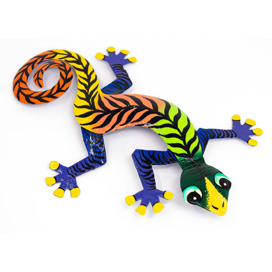 Painted metal gecko wall art in bright tropical colors made from recycled steel