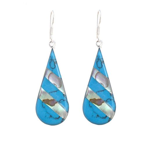 Handmade abalone and turquoise teardrop earrings crafted from alpaca silver.