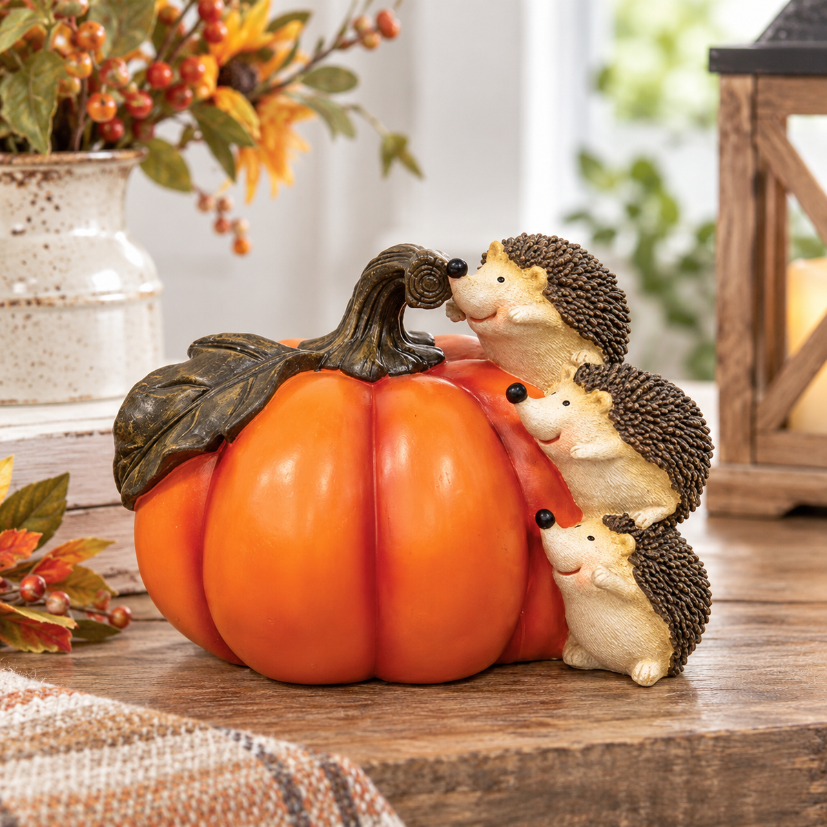 Resin Pumpkin & Hedgehogs Figurine