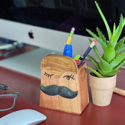 Handcrafted wooden moustache eyeglass and pen holder, a fun and functional desk organizer for home or office.
