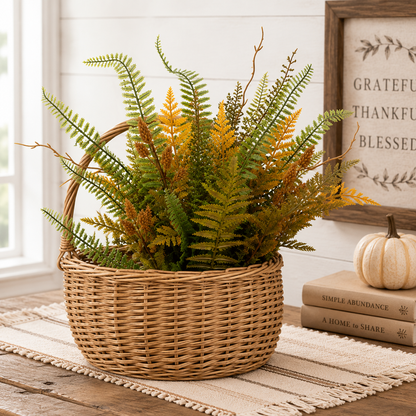Fall fern and wheat bush with mixed green and golden foliage, brown wheat florets and twisted twig accents.
