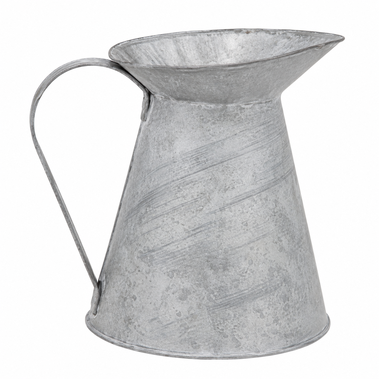 Natural zinc decorative pitcher with a weathered galvanized finish styled as a rustic farmhouse-style floral container.