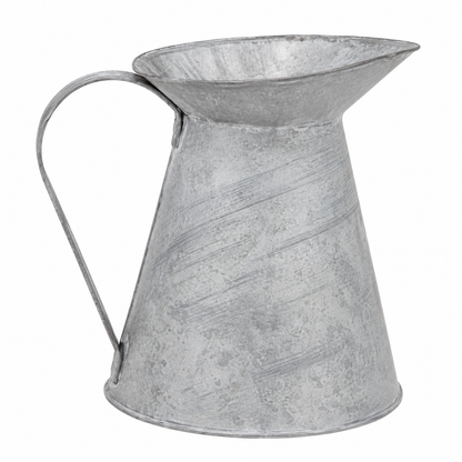 Natural zinc decorative pitcher with a weathered galvanized finish styled as a rustic farmhouse-style floral container.