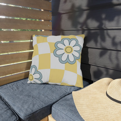 Weather-resistant checkered garden pillow with blue and white floral overlay