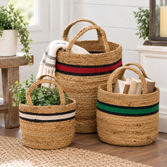 Three woven natural-fiber storage baskets in different sizes arranged on a wood floor in a bright room. The baskets have rounded handles and decorative horizontal stripes: the tallest basket has red and black stripes, the medium basket has a black stripe, and the smallest basket has a green stripe.