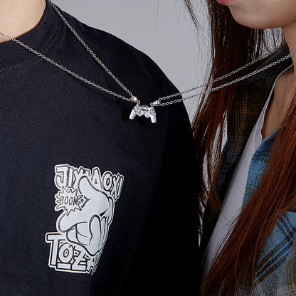 Engraved gaming couple necklace with personalized initials, a perfect gift for video game lovers and geeky couples.