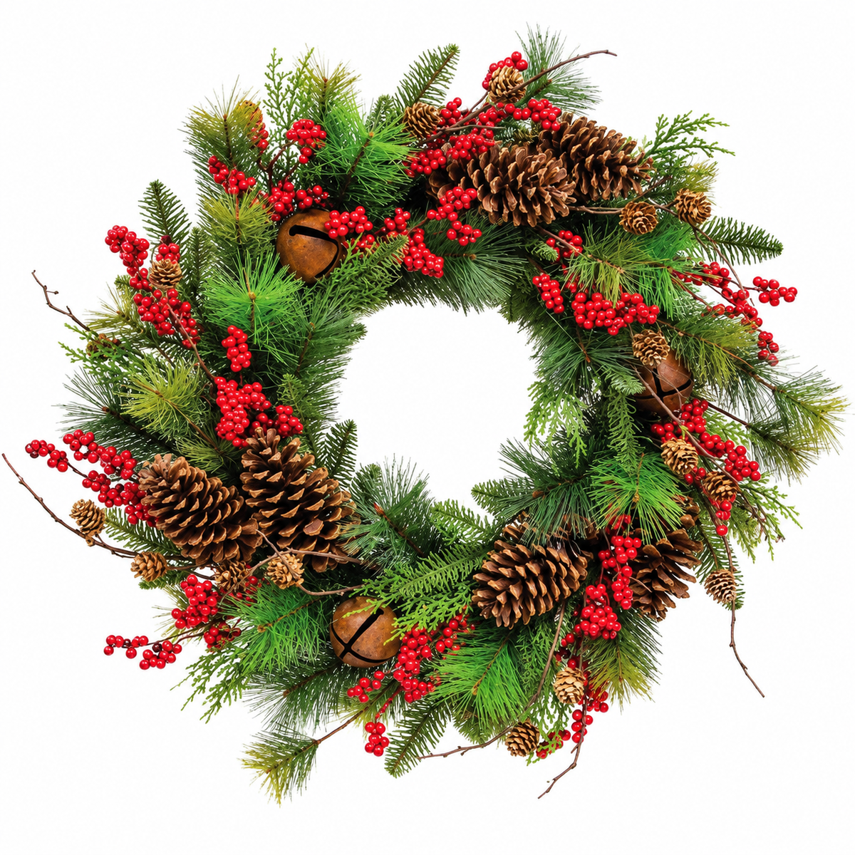 A festive Christmas wreath made of green pine branches, decorated with clusters of bright red berries, large brown pinecones, and a few small brown bells, shown on a plain white background.