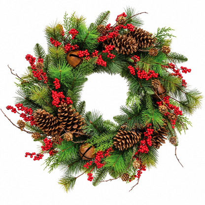 A festive Christmas wreath made of green pine branches, decorated with clusters of bright red berries, large brown pinecones, and a few small brown bells, shown on a plain white background.