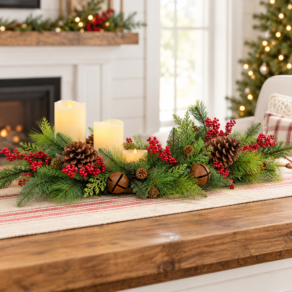 A festive Christmas table centerpiece with green pine branches, red berries, pinecones, small bells, and three lit cream pillar candles, arranged on a striped runner over a wooden table in a cozy living room setting.