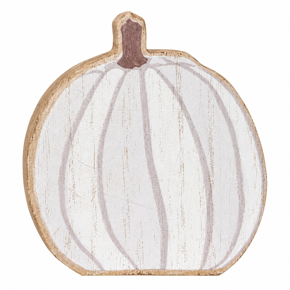 A rustic, hand-painted wooden pumpkin sign with a distressed white finish, featuring vertical ribs and a brown stem, isolated on a white background.