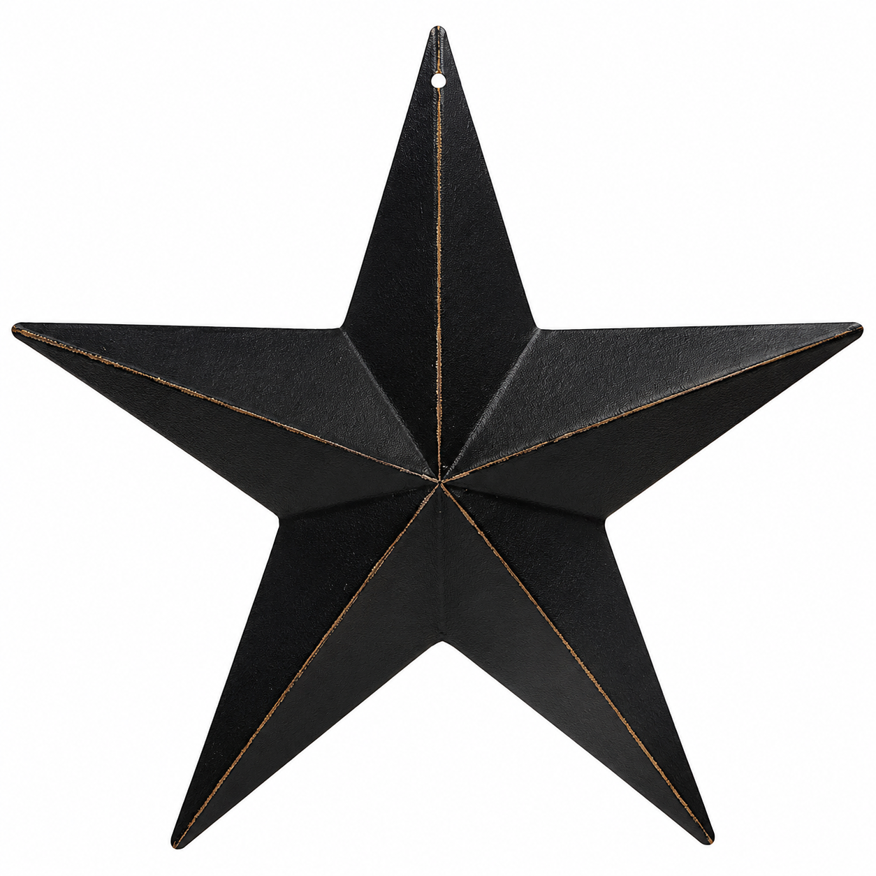 A rustic black metal five-point star wall hanging with a small hanging hole at the top and subtle gold-toned edging, shown against a plain white background.