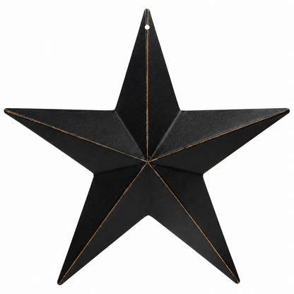 A rustic black metal five-point star wall hanging with a small hanging hole at the top and subtle gold-toned edging, shown against a plain white background.