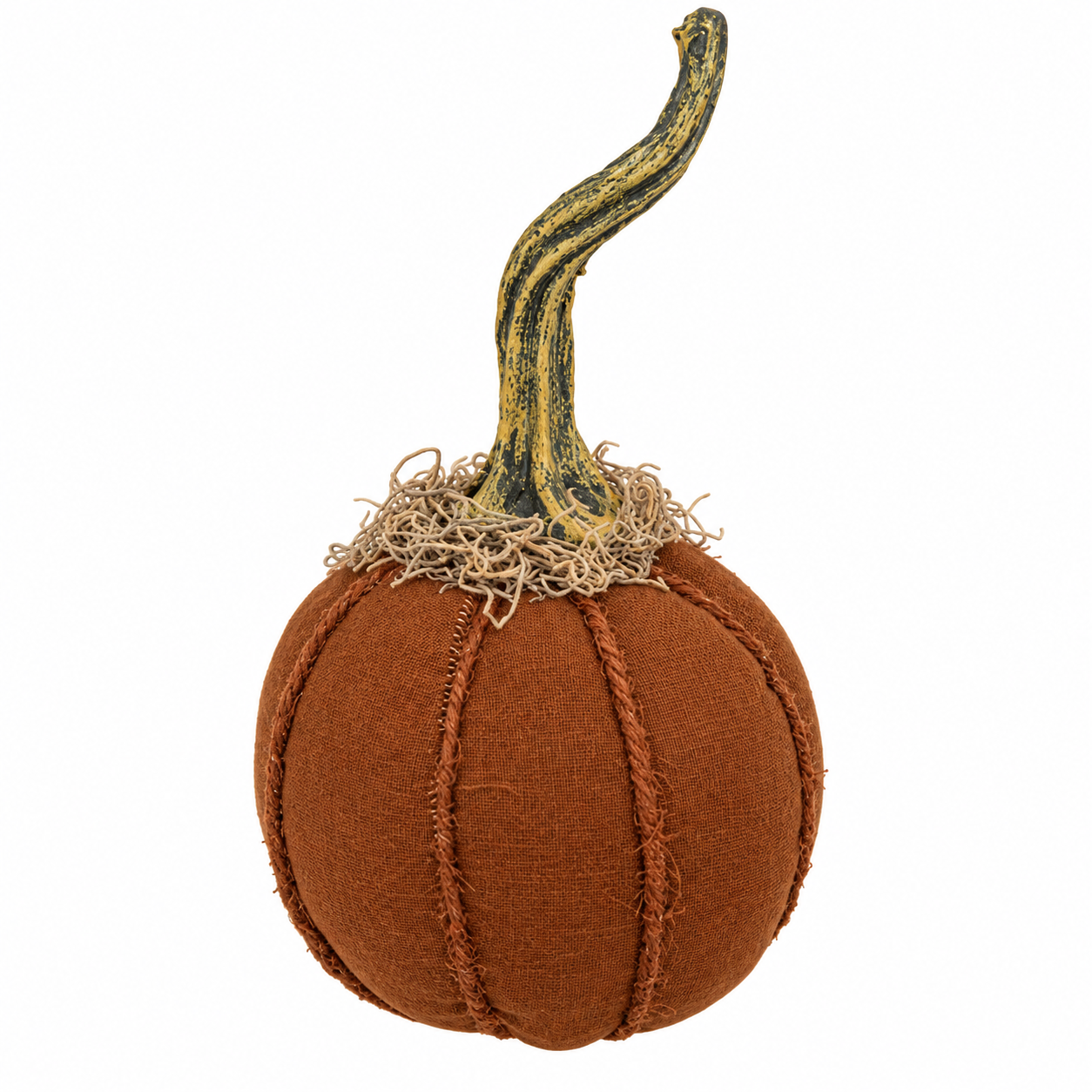A decorative faux pumpkin with a textured rust-brown fabric body, vertical stitched seams, a frayed tan stem base, and a curved dark green stem with yellow striping, isolated on a white background.